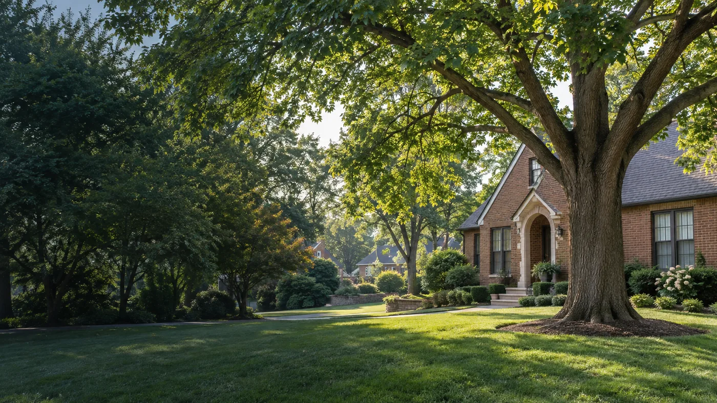 Mature shade tree beside a brick home in a St. Louis-area neighborhood